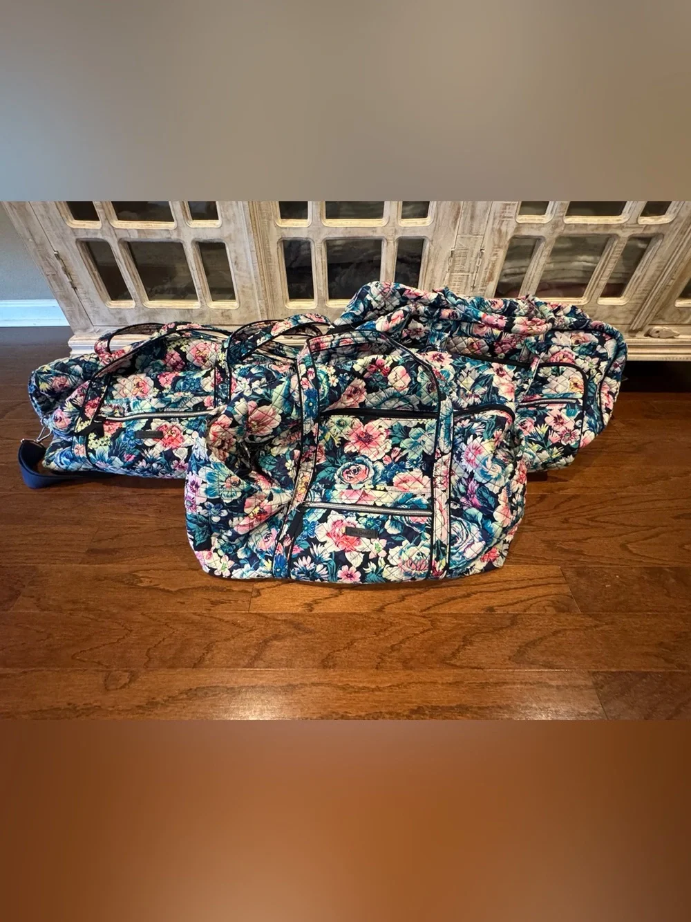 Vera Bradley Navy Floral Quilted Tote with Pink & Aqua Accents